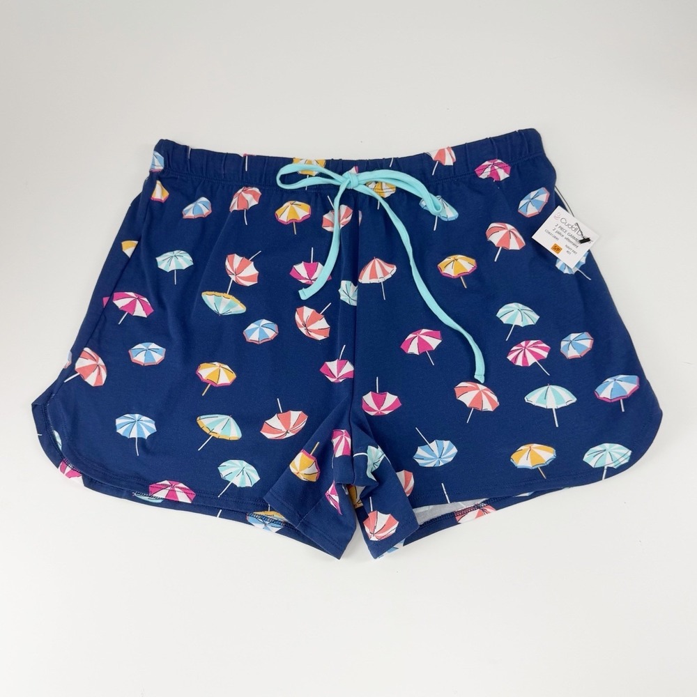 Cuddl Duds PJ Shorts Womens Small Blue Beach Umbrella Pajamas PJs Pull On NWT